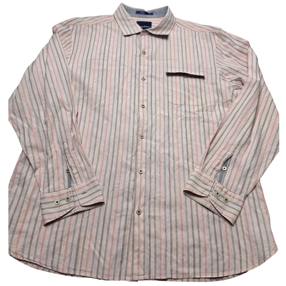 Tommy Bahama Mens Pink Striped Long Sleeve Button Down Shirt XL Cotton Blend